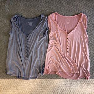 blue and pink flowy button shirts